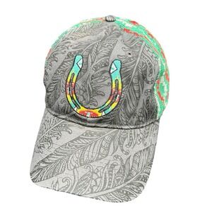 CSI Grey Feather Paisley Horseshoe Embroidered Mesh Back Trucker Hat Adjustable‎